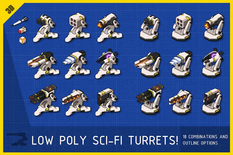 LowPo Turrets - 3D Sci fi Low Poly Turret Pack Asset Thumbnail