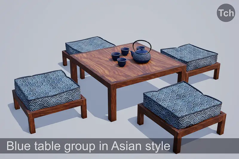 Asian-Style Blue Table Group 3D Model Asset Thumbnail