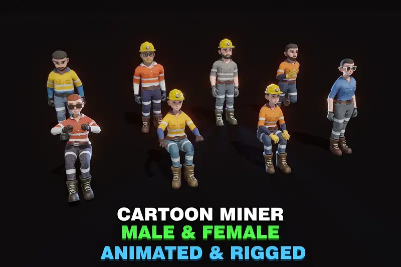 Stylized Male & Female Miner 3D Model (Low-Poly, Game-Ready, Animated, Built-In) Asset Thumbnail