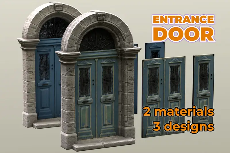 Entrance Wooden Door with Concrete Stone Arch and Window Asset Thumbnail