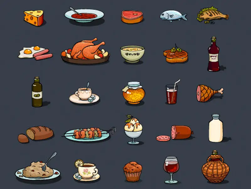 25 Cartoon Food Icons Game Set Asset Thumbnail