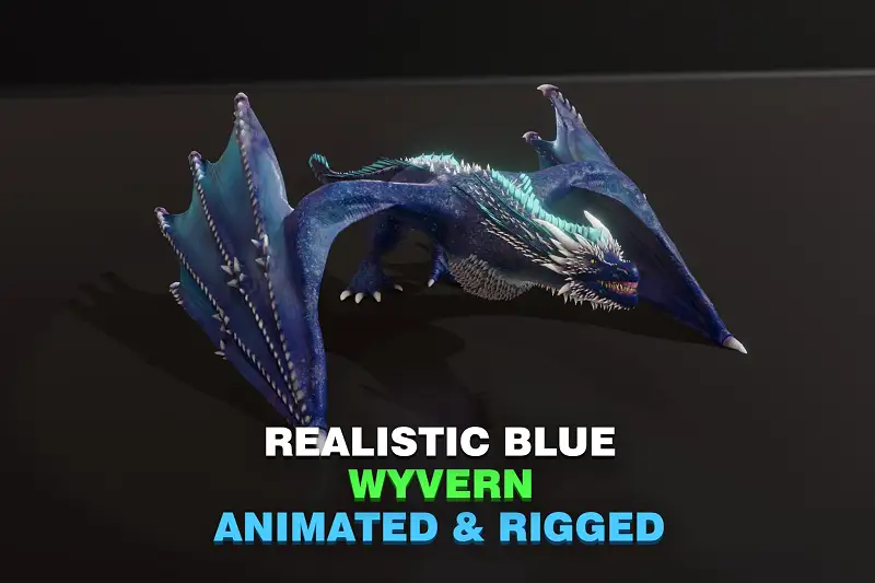 Realistic Blue Wyvern Animated Game-ready Low-poly 3D Model Asset Thumbnail