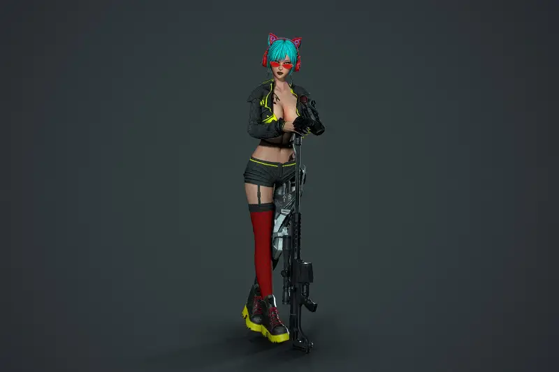 Cyberpunk Sniper Girl 3D Model Asset Thumbnail