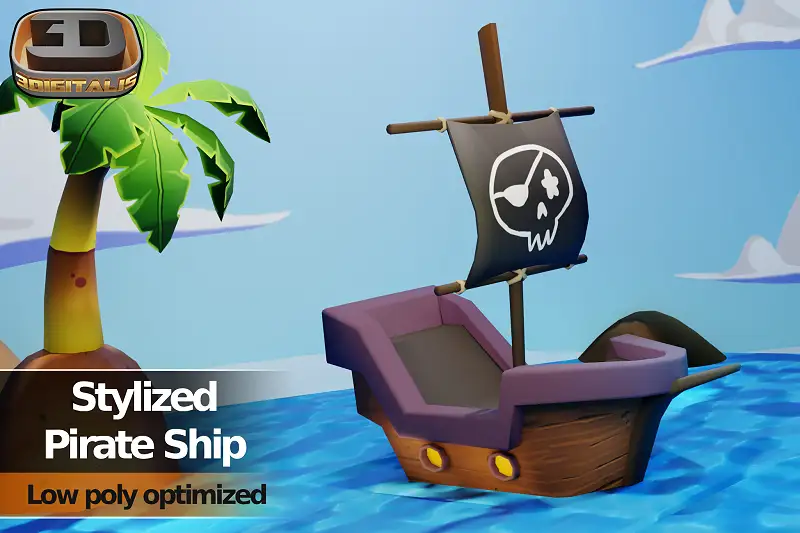 Stylized Pirate Ship Low Poly Asset Thumbnail