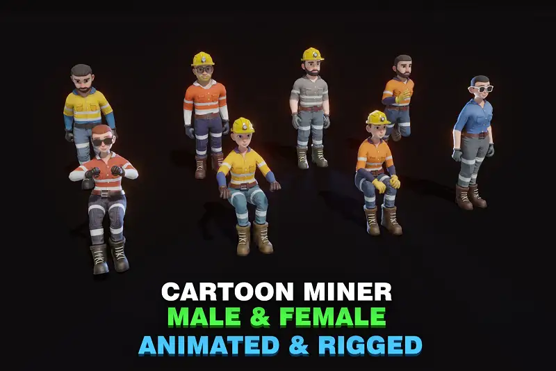 Stylized Male and Female Miner Animated Customizable Low-poly 3D model Asset Thumbnail