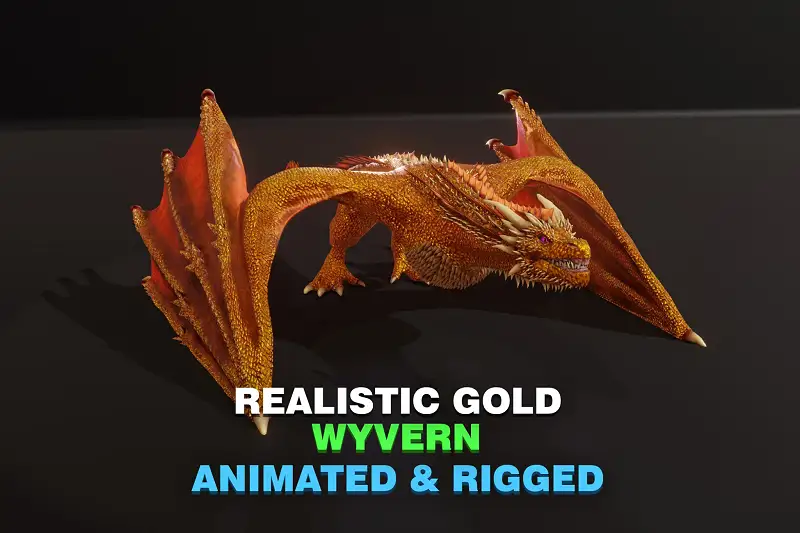 Realistic Gold Wyvern Animated Game-ready Low-poly 3D Model Asset Thumbnail