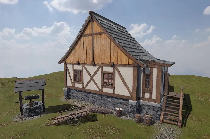 Medieval cottage, house, village with interior & furnitures, water well, wagon Asset Thumbnail