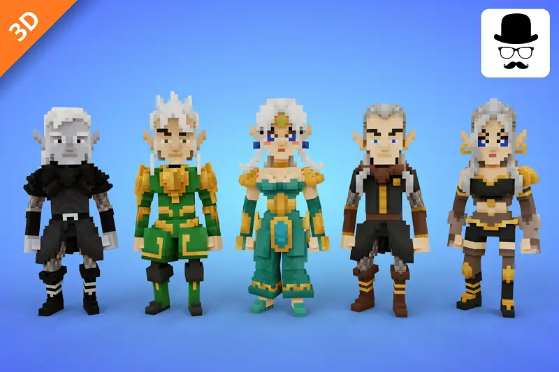 Voxel Elfs Characters Pack - 3D Fantasy Models Asset Thumbnail