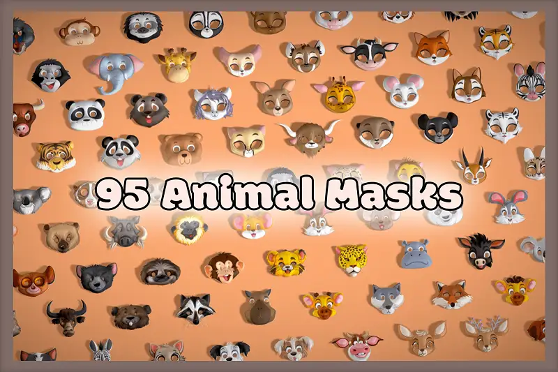 95 Animal Masks Mega Pack - Cartoon Masks Low Poly Asset Thumbnail