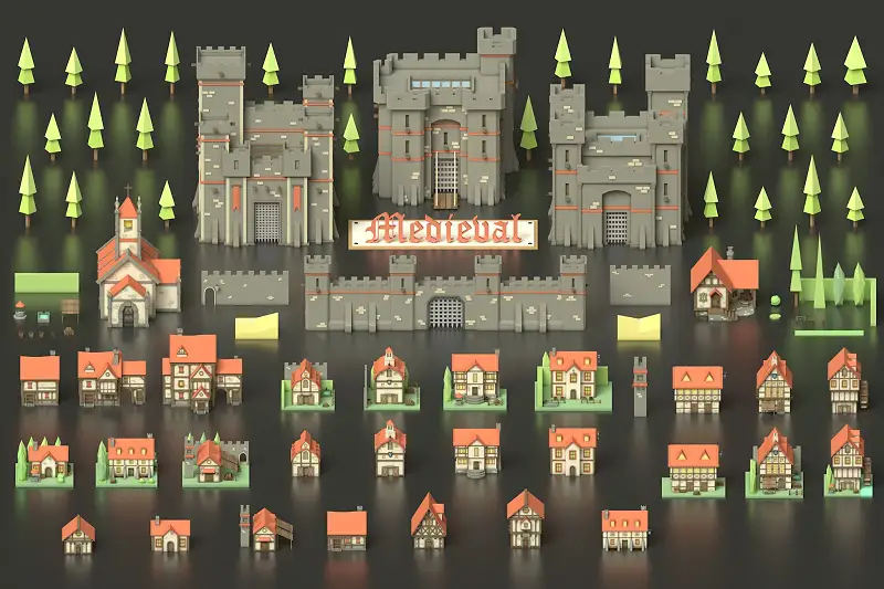 Low Poly Medieval Middle Age City 3D Asset Pack Asset Thumbnail