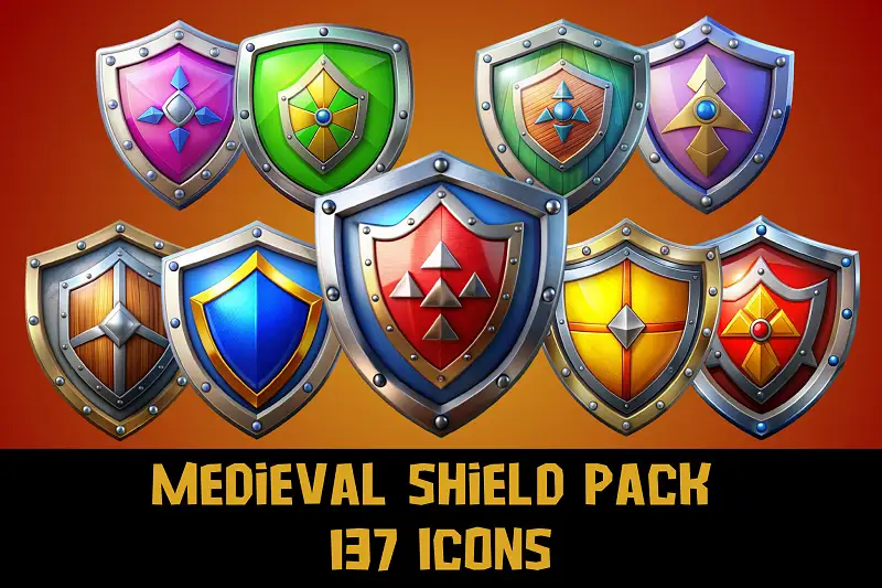 137 Medieval Shield Icons Pack with Transparent Background Asset Image