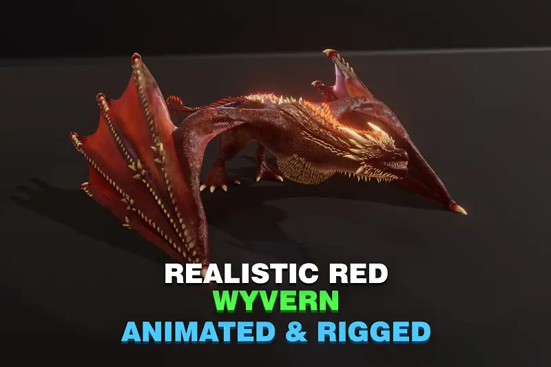 Realistic Red Wyvern Animated Low Poly 3D Model Asset Thumbnail